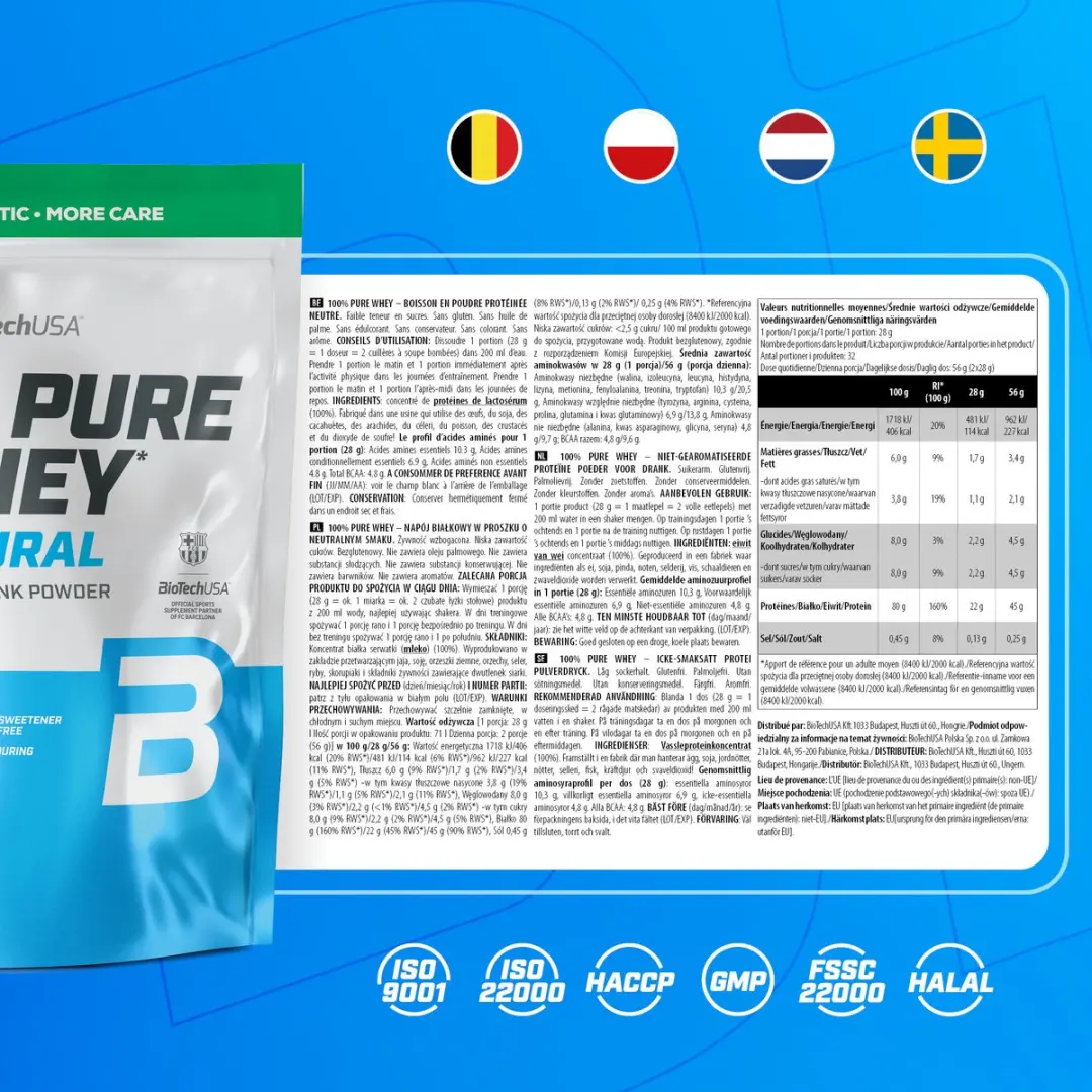 BioTechUSA 100% Pure Whey Eiwitpoeder 900g - 21g Eiwit