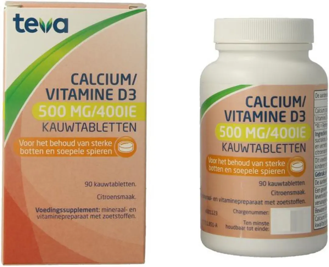 Teva Calcium/Vitamine D 500mg/400IE Kauwtabletten - 90 Stuks