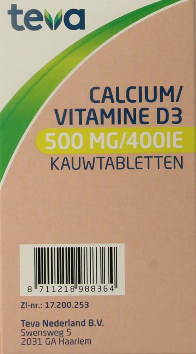 Teva Calcium/Vitamine D 500mg/400IE Kauwtabletten - 90 Stuks