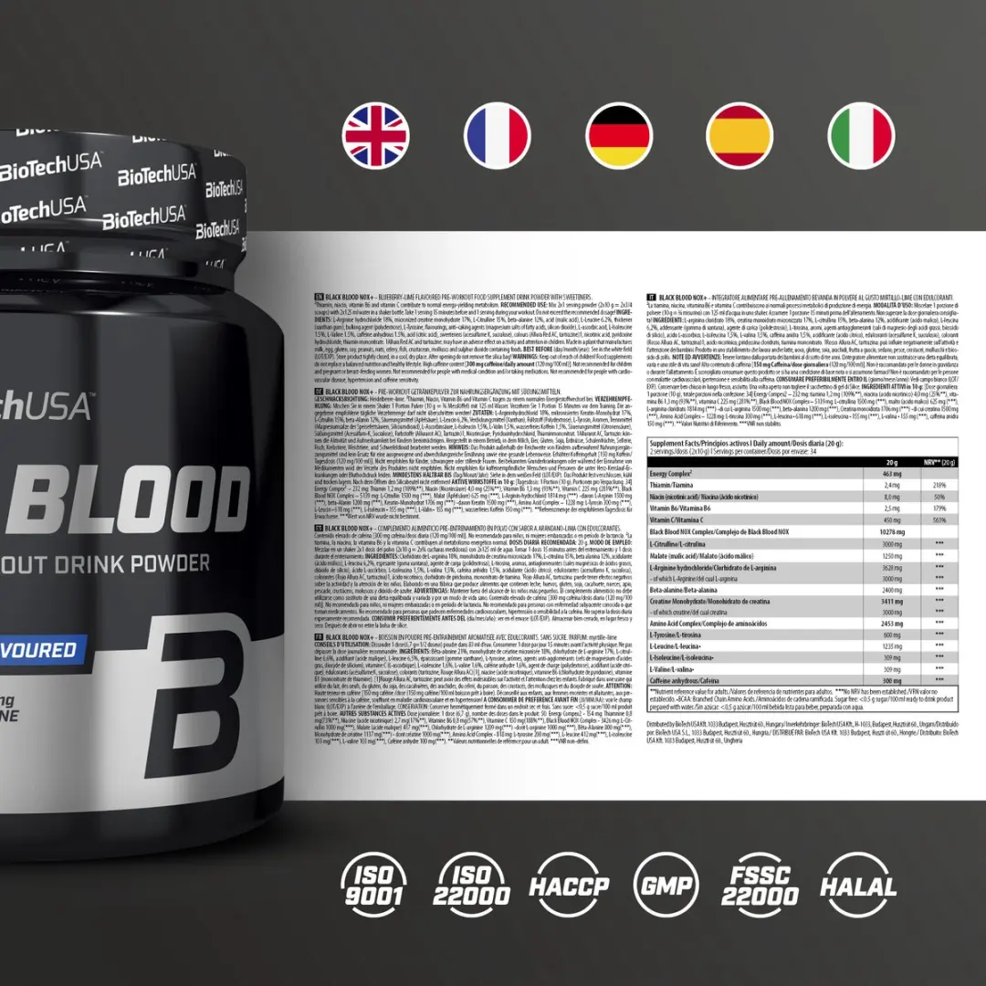 BioTechUSA Zwart Bloed NOX+ Pre-Workout 340g - Blueberry-lime