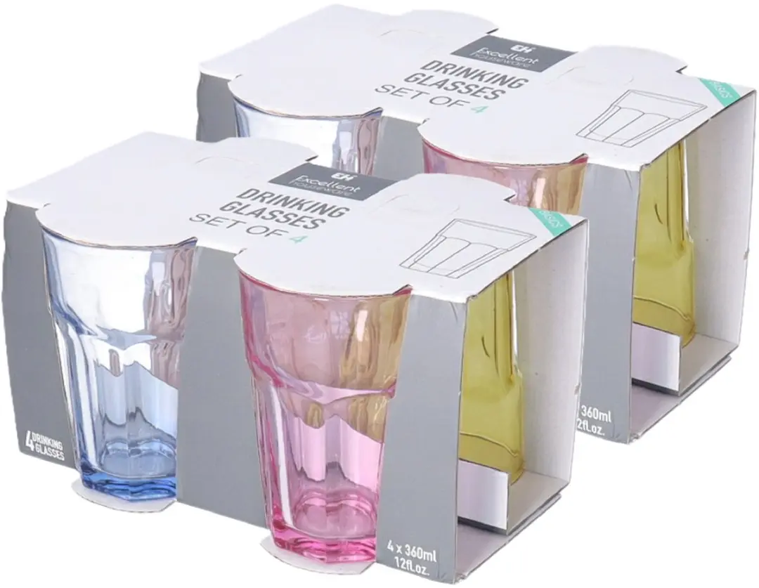Excellent Houseware Drinkglazen 360ml - 8 Stuks - Transparant Kleurenmix