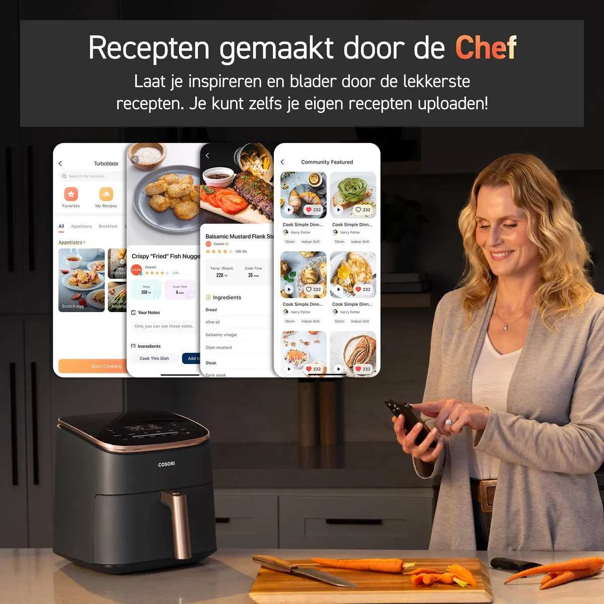 Cosori TurboBlaze XXL Airfryer 1725W - 9 Programma's - Zwart/Rosé Goud