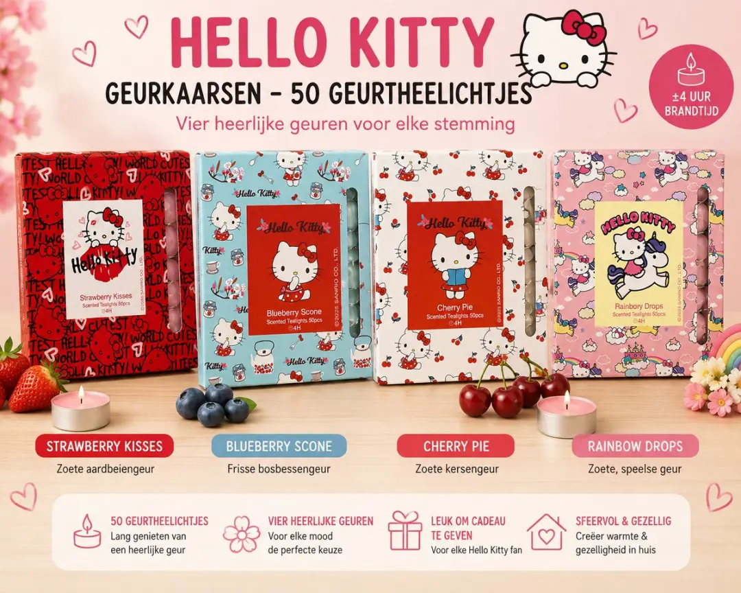 Hello Kitty Geurkaarsen Strawberry Kisses - 50 Stuks