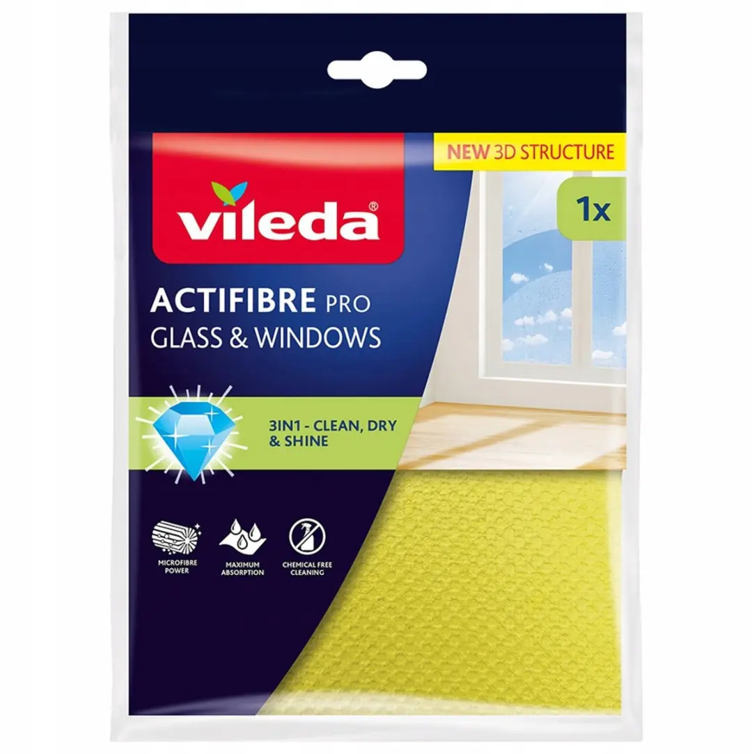 Vileda Actifibre Pro Microvezel Doek - Glas/Ramen - Geel - afbeelding 3 van 6