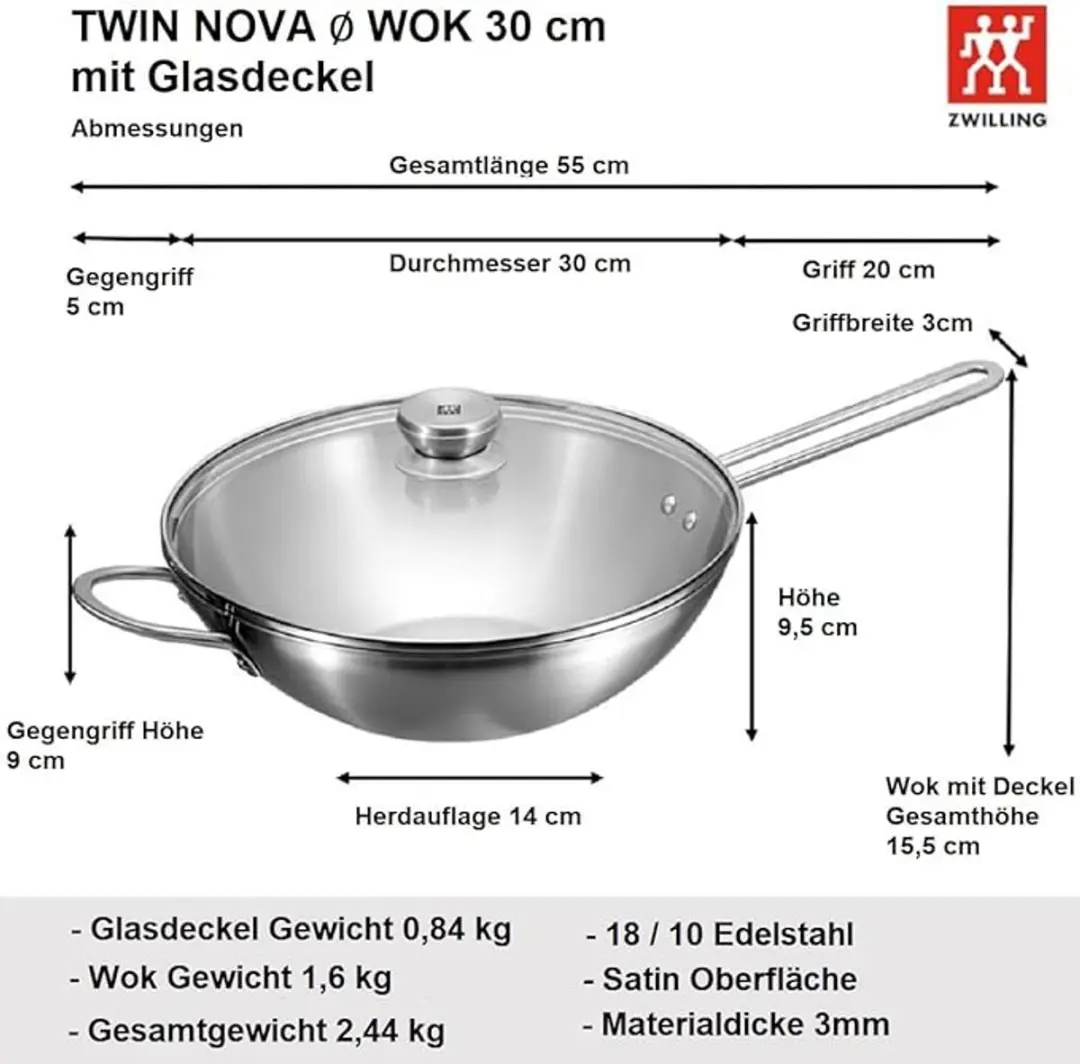 Zwilling Wokset 30cm - Chinees Koksmes 18cm - Glasdeksel - Zilver