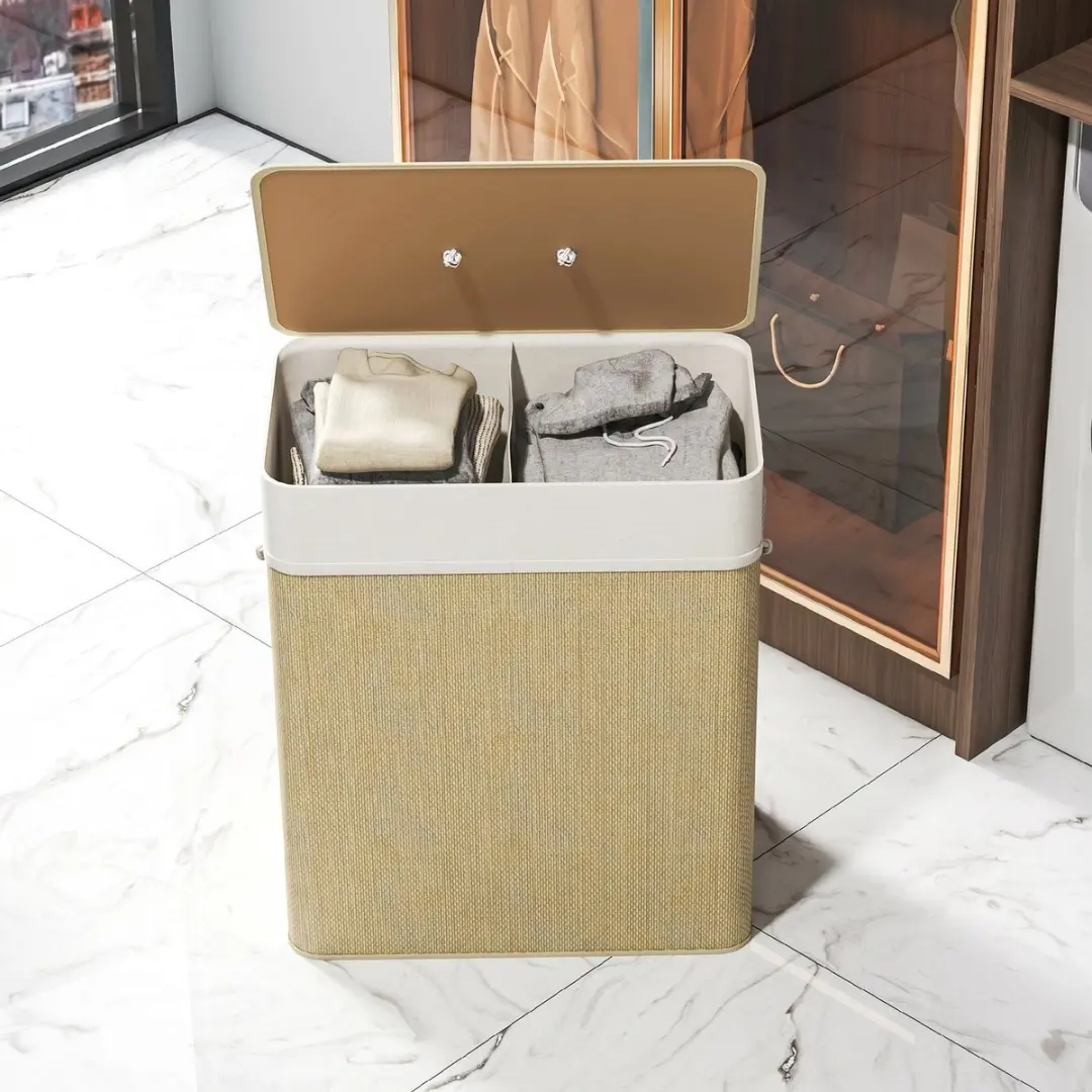 Homcom Wasmand Bamboe 52L - 32x63cm - Crèmewit - afbeelding 3 van 6