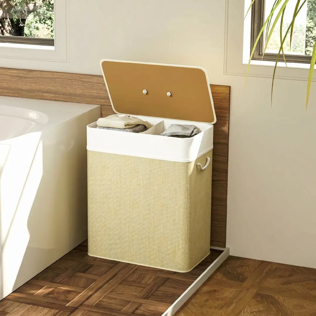 Homcom Wasmand Bamboe 52L - 32x63cm - Crèmewit - afbeelding 4 van 6
