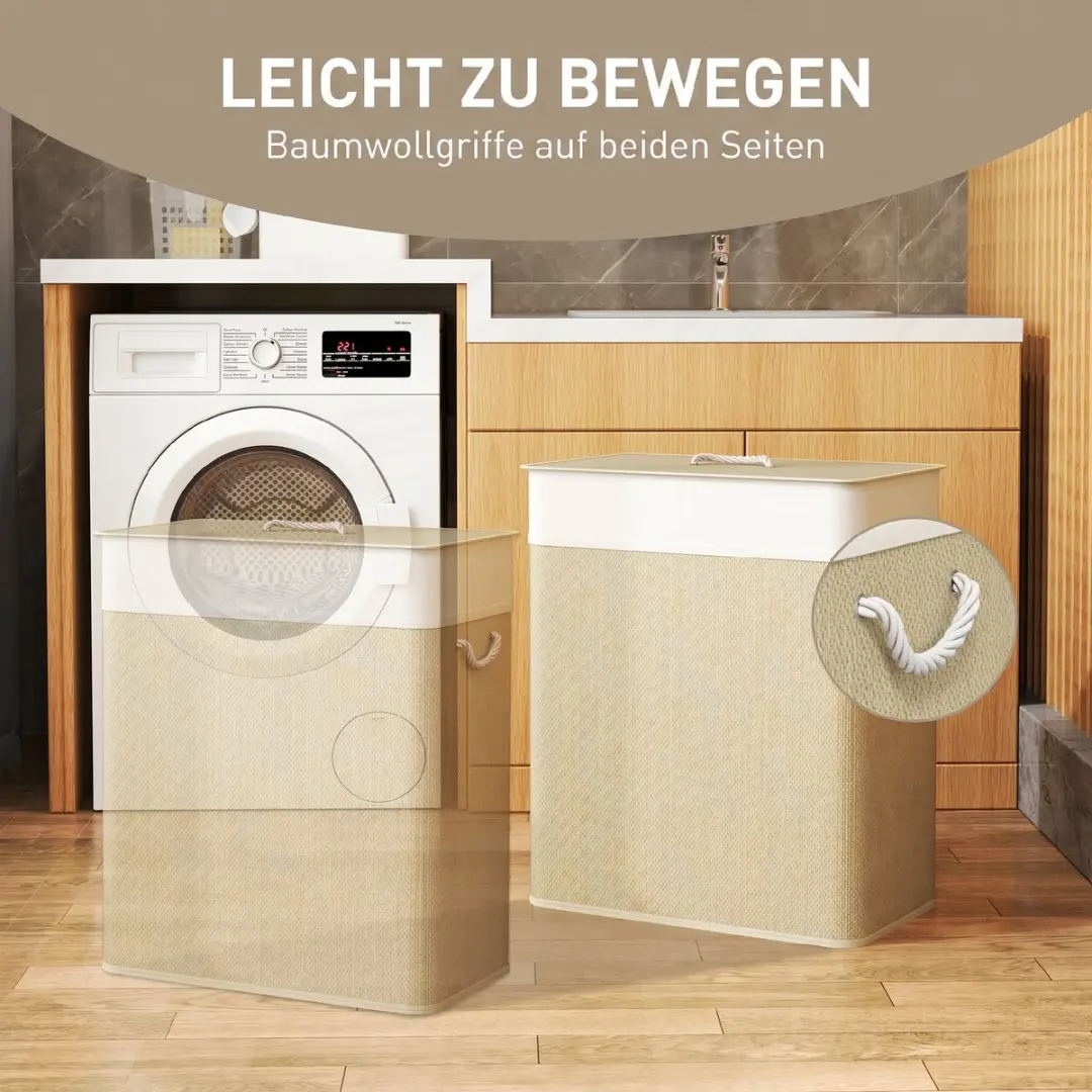 Homcom Wasmand Bamboe 52L - 32x63cm - Crèmewit - afbeelding 6 van 6