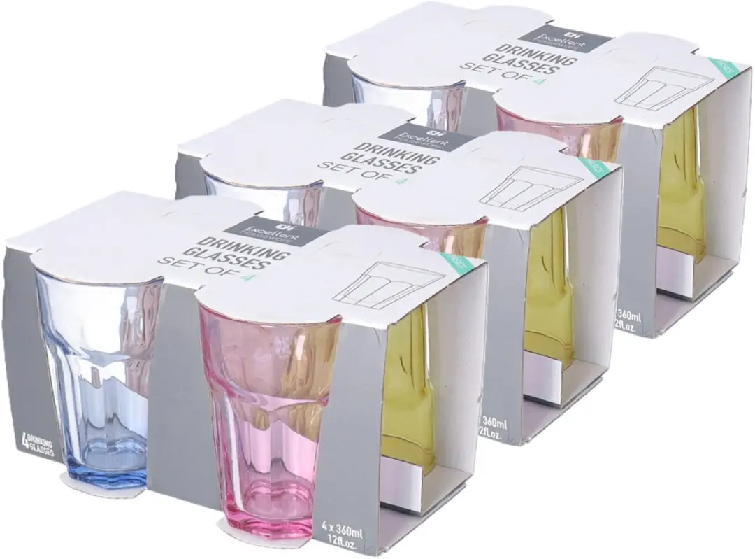 Excellent Houseware Waterglazen 360ml - 12 Stuks - Transparant Kleurenmix