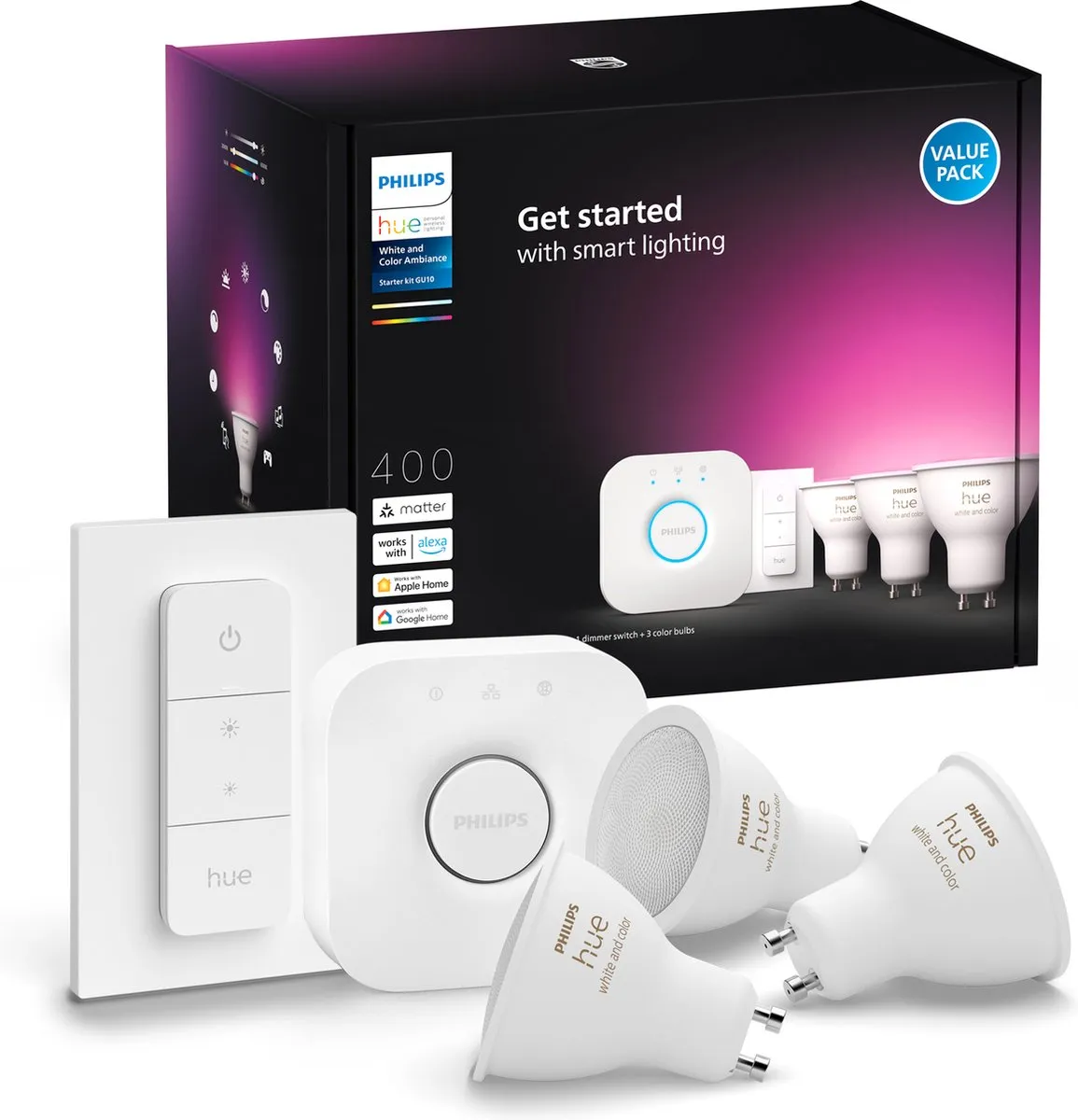 Philips Hue Starterkit 3x GU10 RGBW - 4.2W - Dimmer