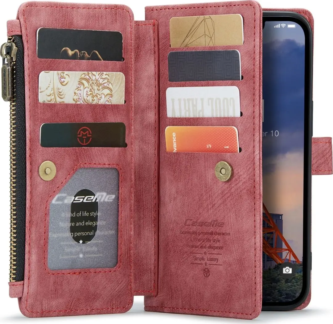 Caseme iPhone 14 Plus Telefoonhoesje Portemonnee - Rood - 10 Pasjes