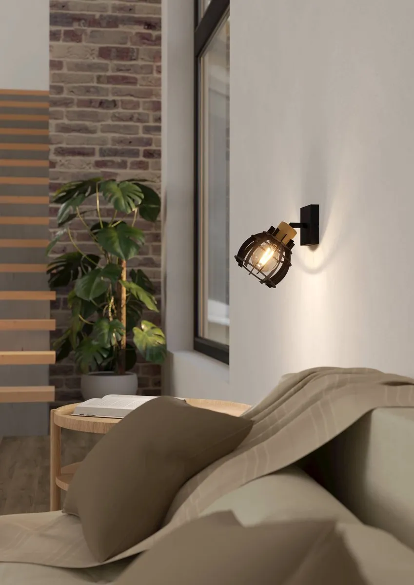 Eglo Stillington Wandlamp E27 - Hout - Ø16cm - Zwart