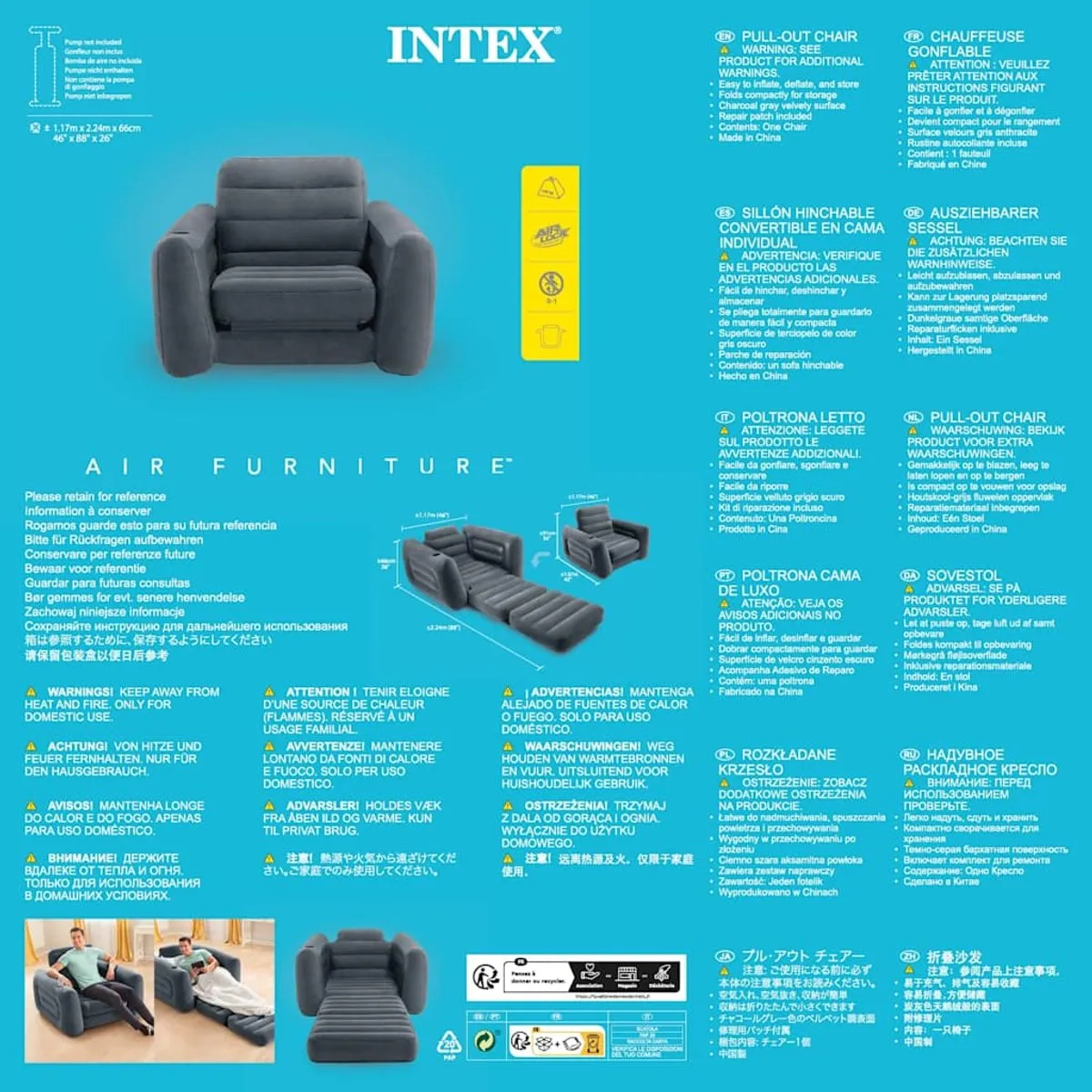 Intex Uittrekbare Stoel 117x224cm - Grijs - afbeelding 4 van 6