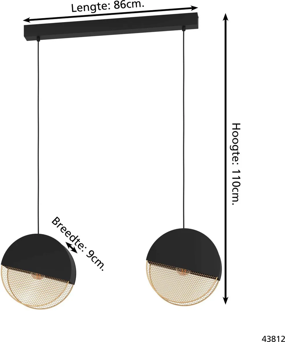 Eglo Mumbles Hanglamp E27 - 2 Lichtpunten - 86cm - Zwart/Goud