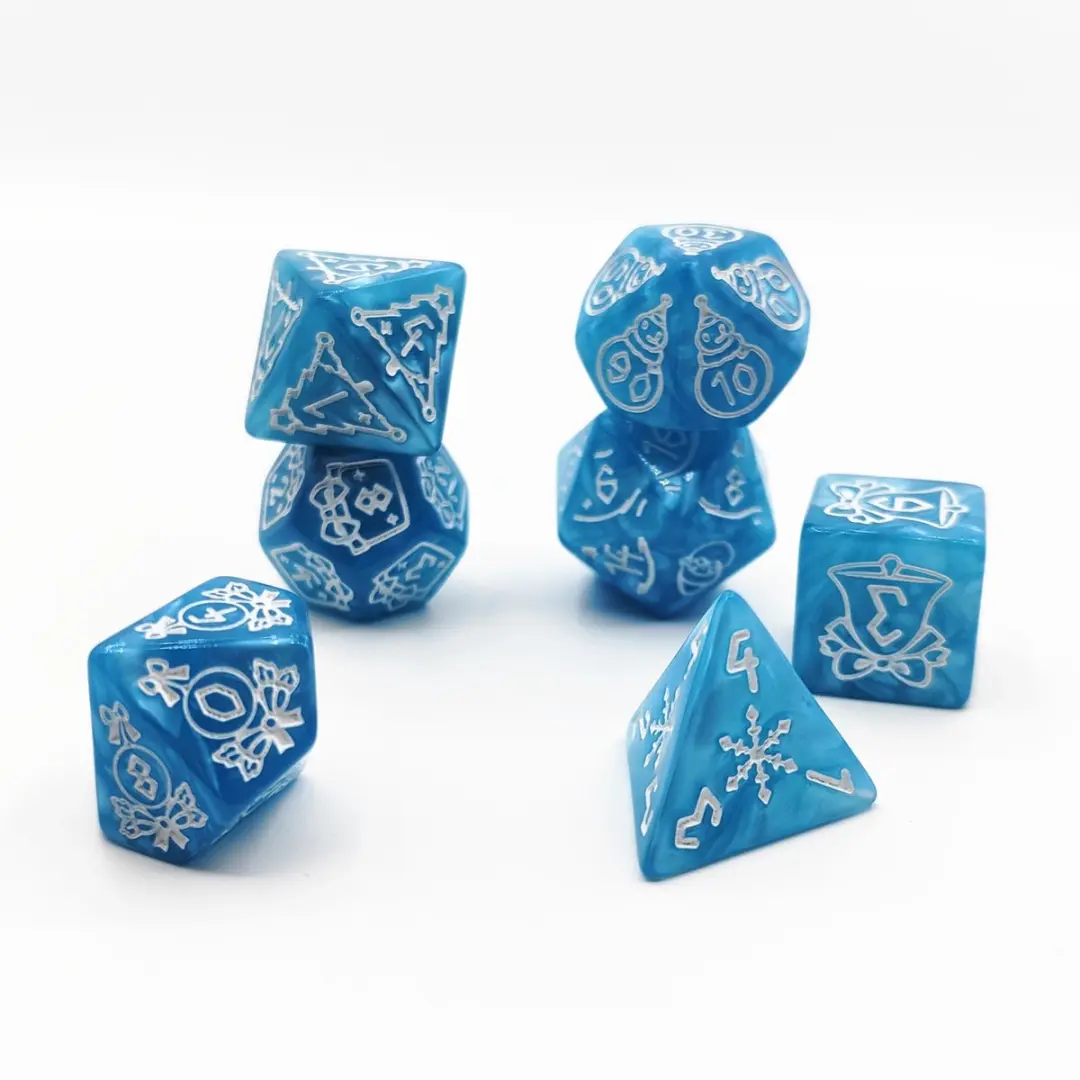 Lapi Toys D&D Polydice Set 7 Stuks - Kerstsymbolen - Acryl - Lichtblauw/Wit
