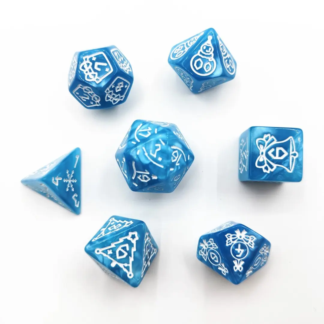 Lapi Toys D&D Polydice Set 7 Stuks - Kerstsymbolen - Acryl - Lichtblauw/Wit