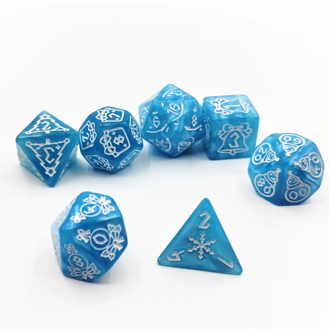 Lapi Toys D&D Polydice Set 7 Stuks - Kerstsymbolen - Acryl - Lichtblauw/Wit