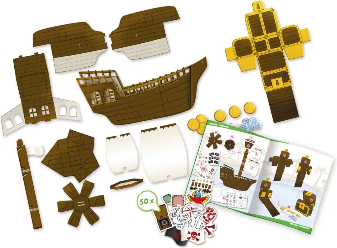 Lena Piratenschip Bouwset - Golfkarton met stickers - Bruin/Wit