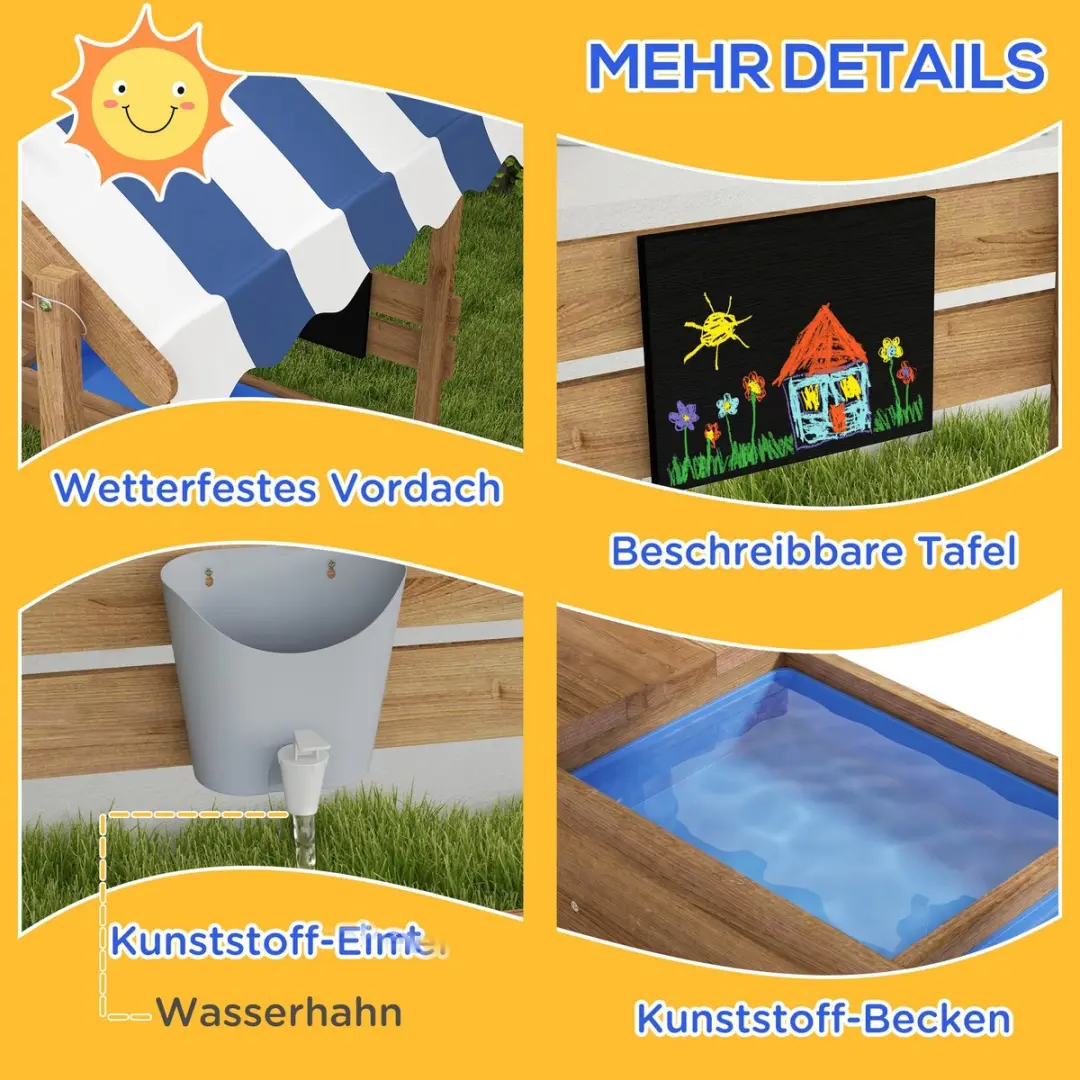 ECTEATOY Houten Zandbak met Zonnedak Speelhuisje 124x116x146cm - Bruin