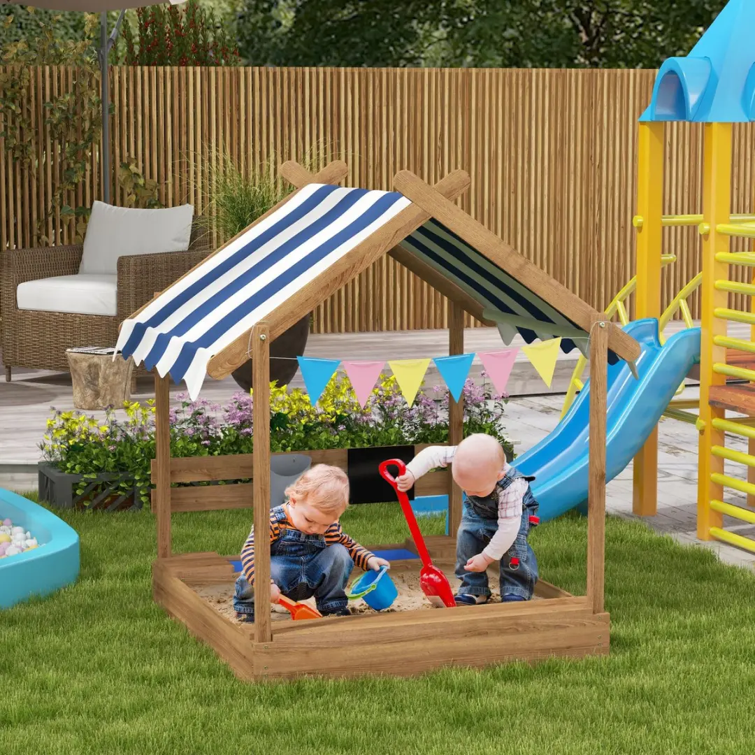 ECTEATOY Houten Zandbak met Zonnedak Speelhuisje 124x116x146cm - Bruin