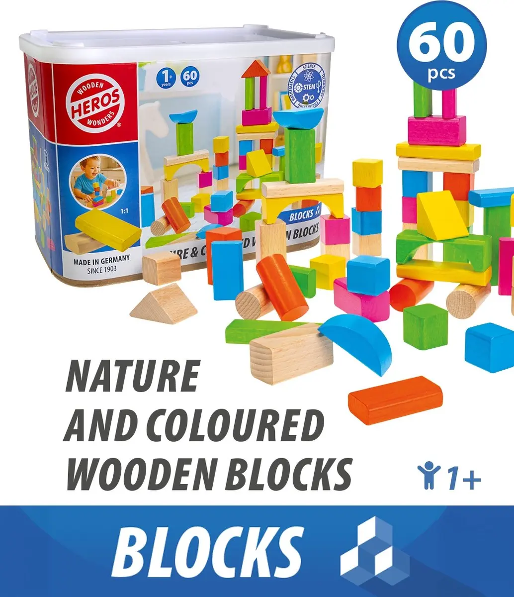 Heros Houten Bouwblokken Naturel & Gekleurd 60 Stuks - FSC - Vanaf 1 Jaar