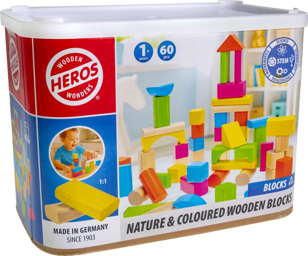 Heros Houten Bouwblokken Naturel & Gekleurd 60 Stuks