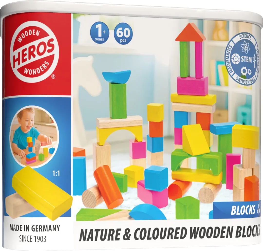 Heros Houten Bouwblokken Naturel & Gekleurd 60 Stuks - FSC - Vanaf 1 Jaar