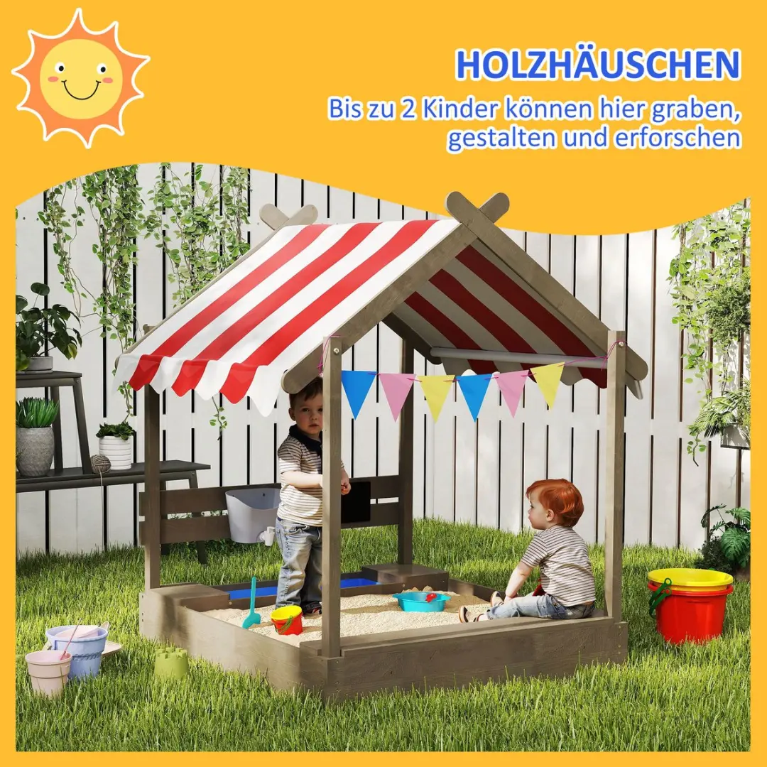 ECTEATOY Houten Zandbak met Zonnedak - 124x116x146cm - Grijs