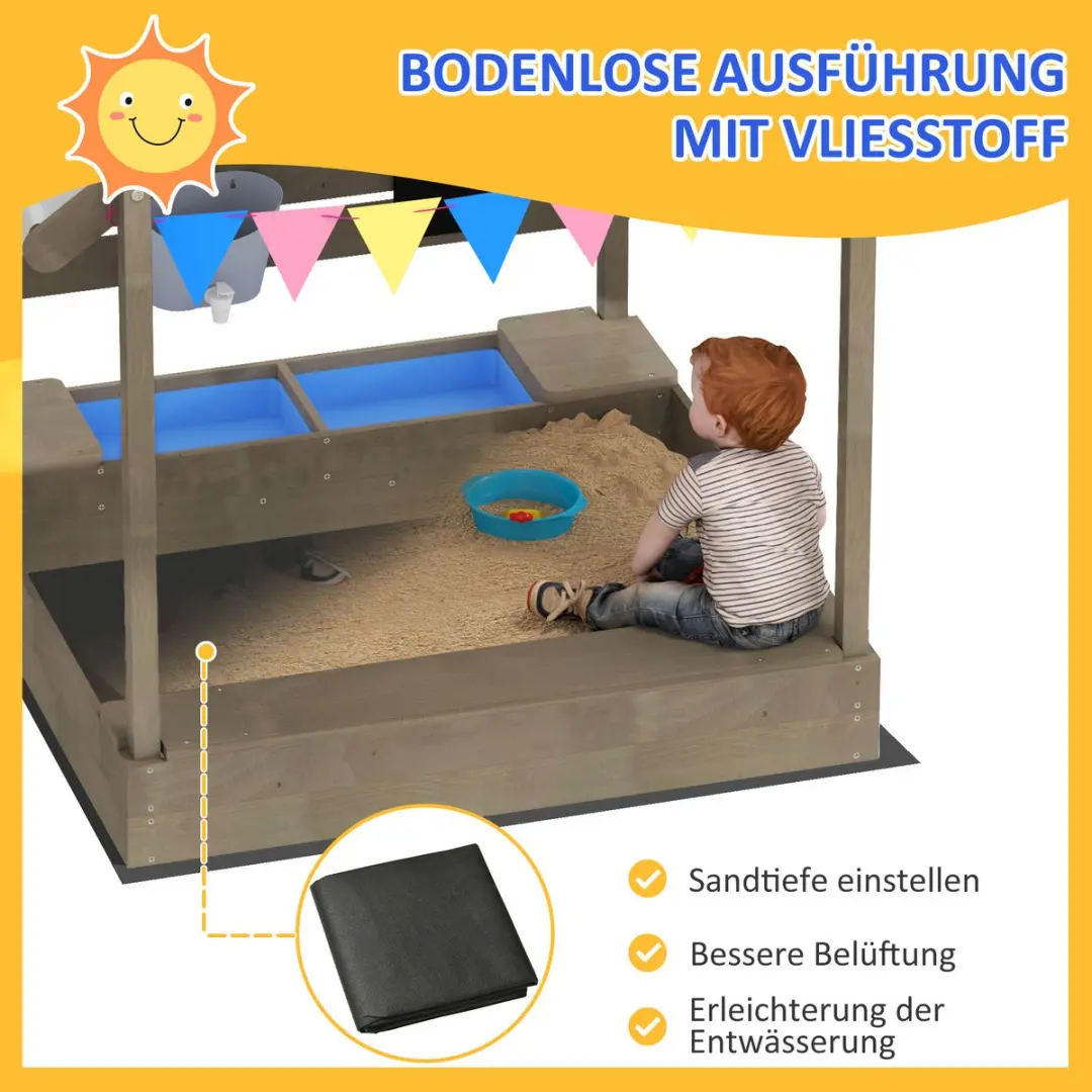 ECTEATOY Houten Zandbak met Zonnedak - 124x116x146cm - Grijs