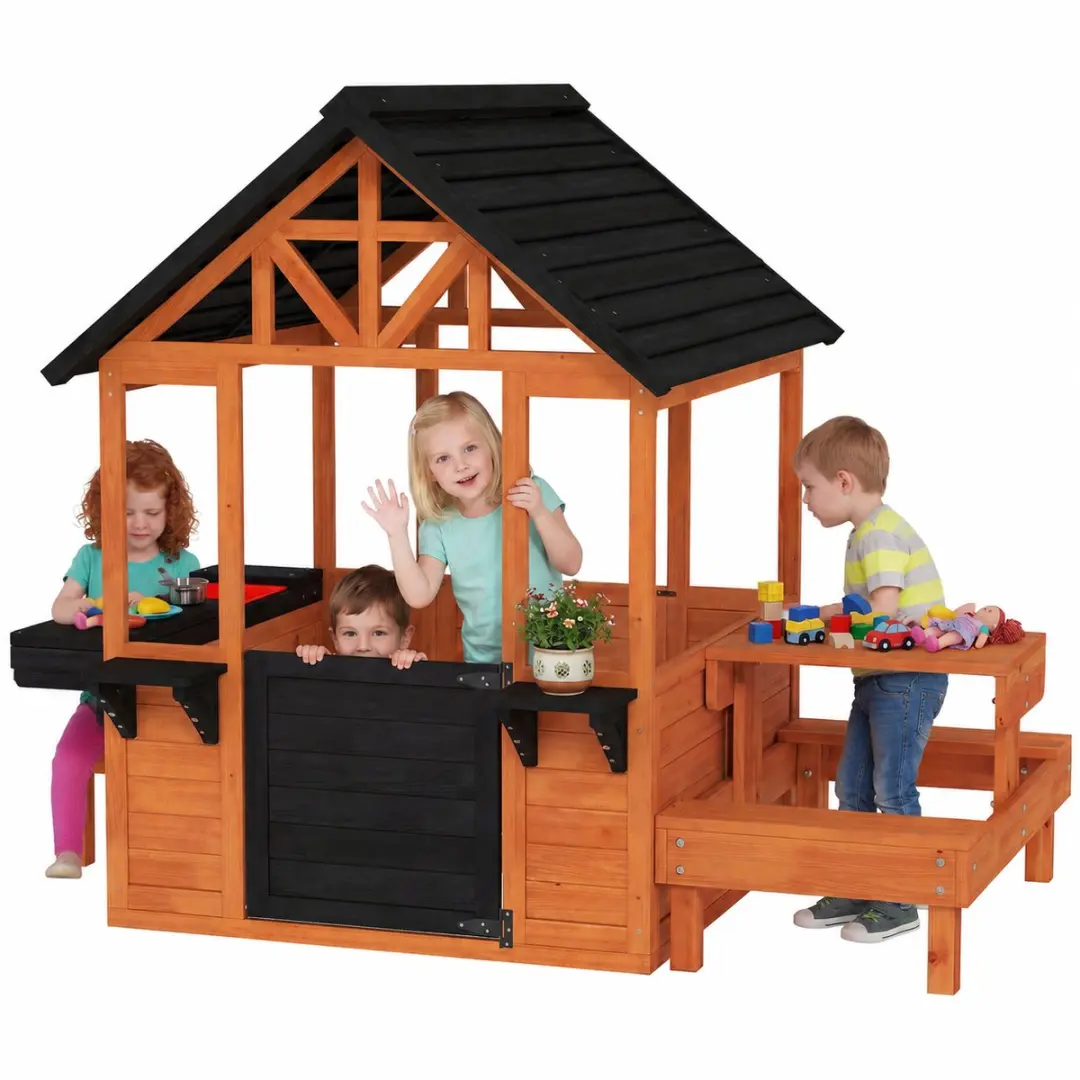 ECTEATOY Houten Speelhuisje Picknicktafel Bruin 166x113x140cm