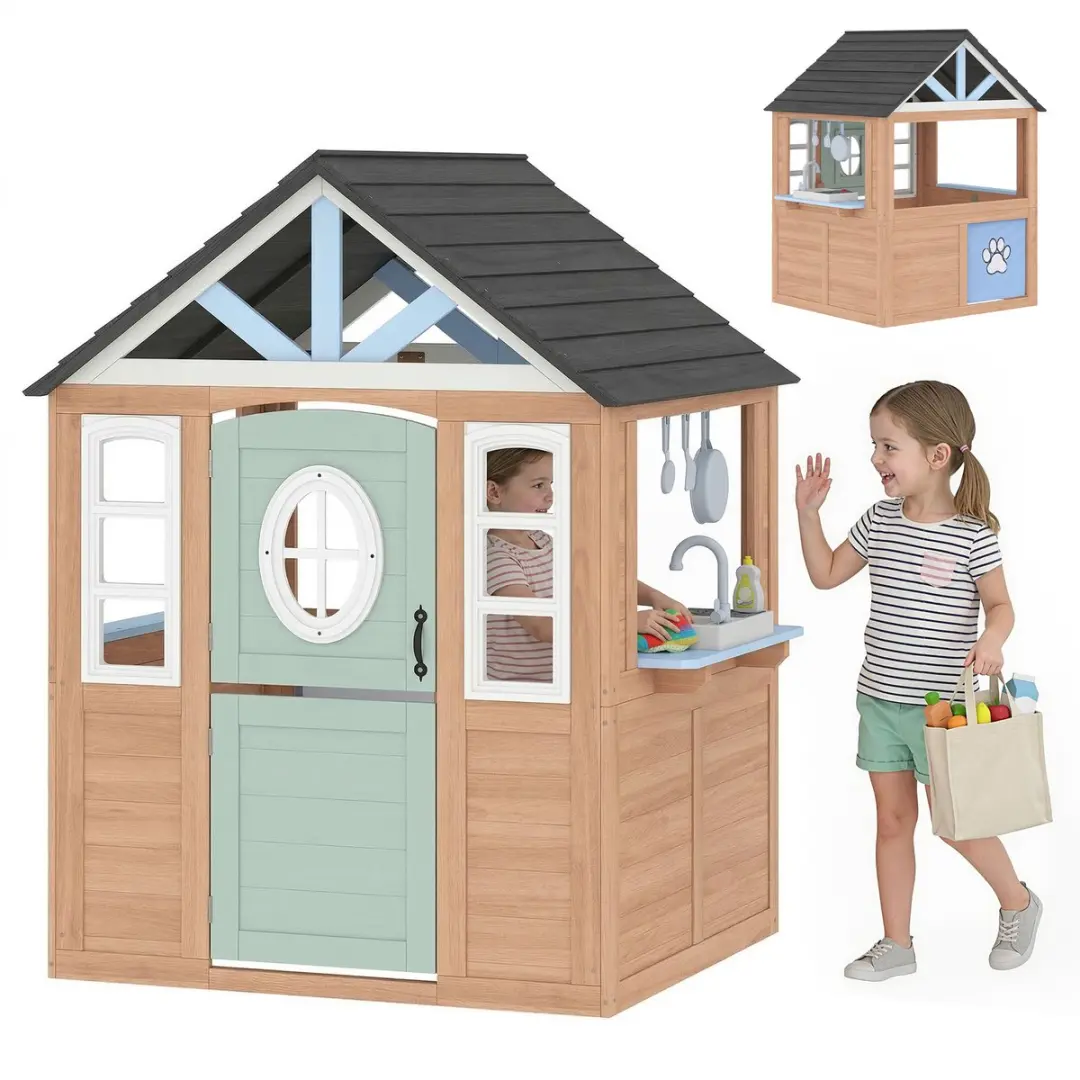 ECTEATOY Houten Speelhuisje 115,5x97,3x140cm - Dennenhout - Bruin