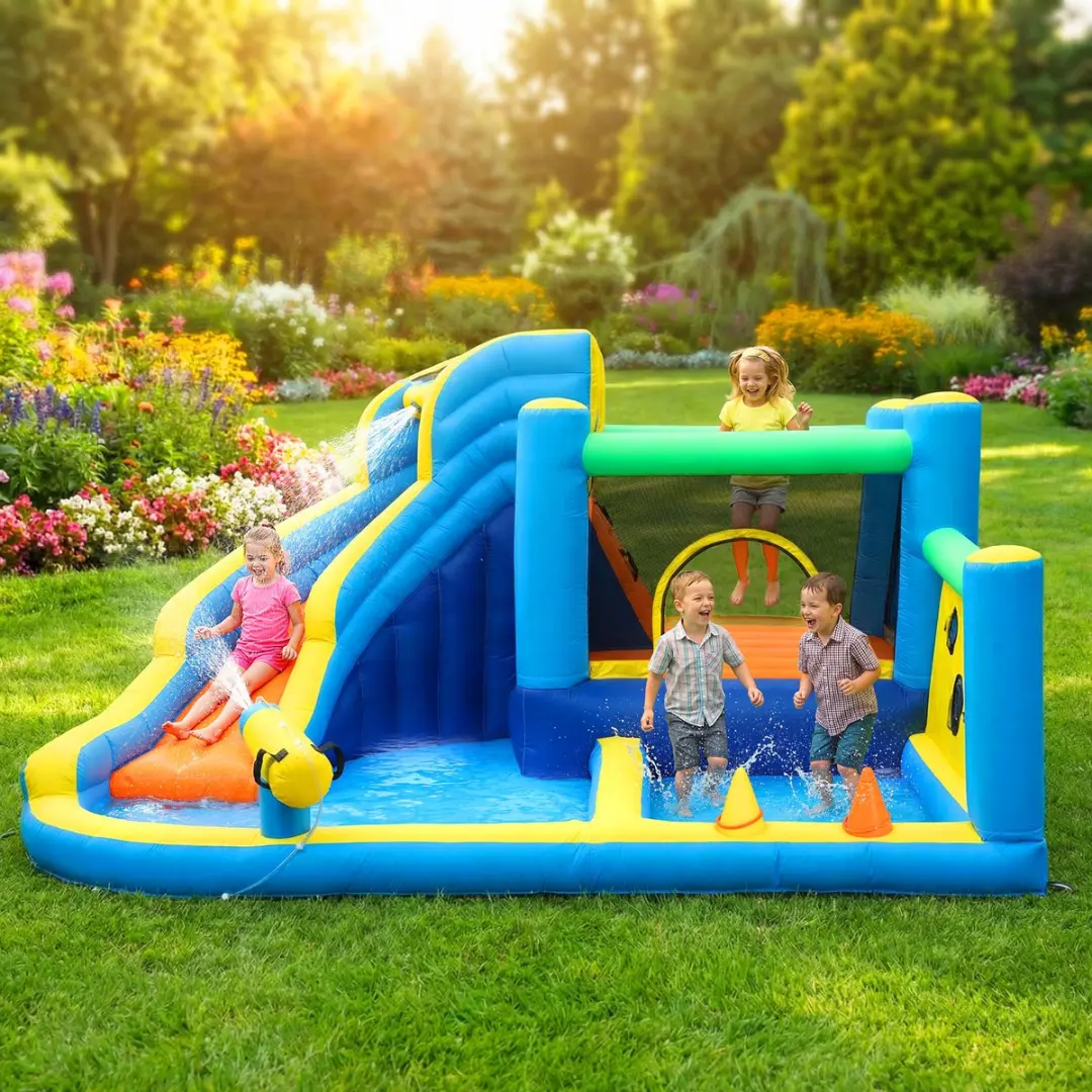 ECTEATOY Opblaasbaar Waterpark 8-in-1 - Springkasteel met glijbaan & zwembad