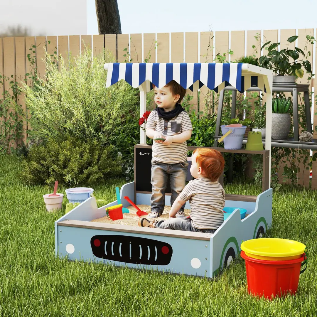 ECTEATOY Houten Zandbak met Dak en Zitbank 108x90x104cm - Blauw