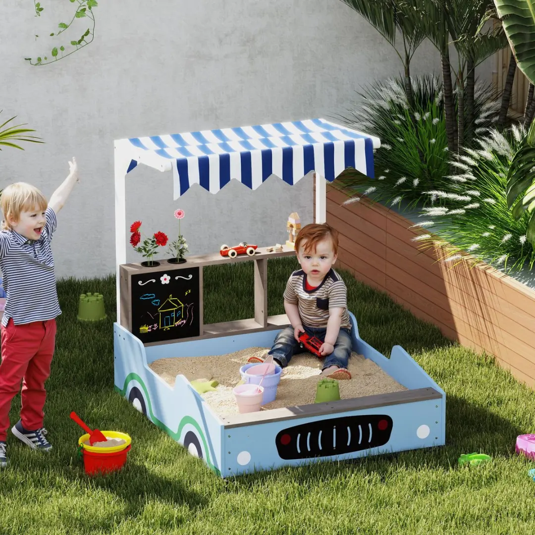 ECTEATOY Houten Zandbak met Dak en Zitbank 108x90x104cm - Blauw