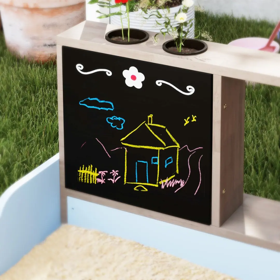 ECTEATOY Houten Zandbak met Dak en Zitbank 108x90x104cm - Blauw