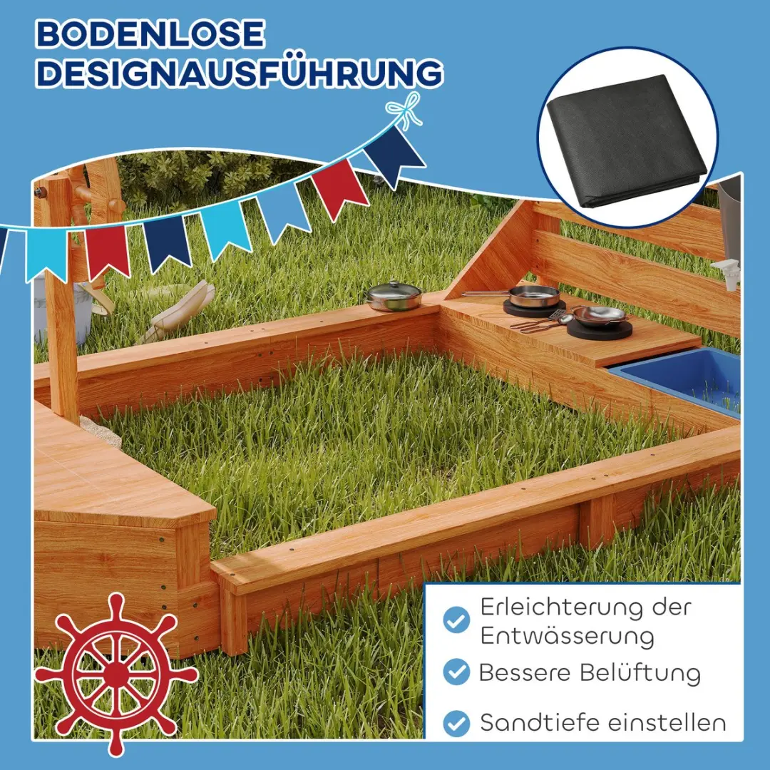 ECTEATOY Houten Zandbak Piratenschip met Zonnedak - 180x103x144,5 cm - Groen