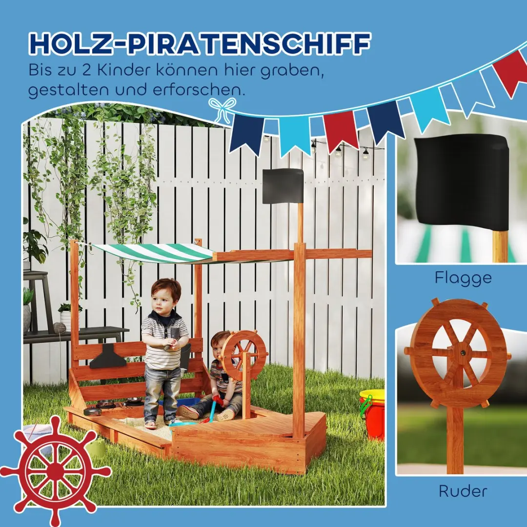 ECTEATOY Houten Zandbak Piratenschip met Zonnedak - 180x103x144,5 cm - Groen