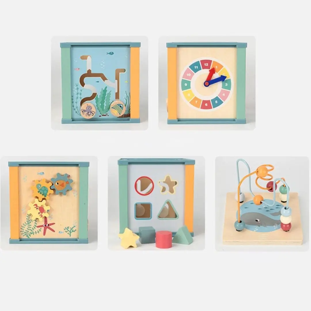 ECTEATOY Houten Activiteitenkubus - Montessori Speelgoed - Kralenframe & Tandwielen - Groente