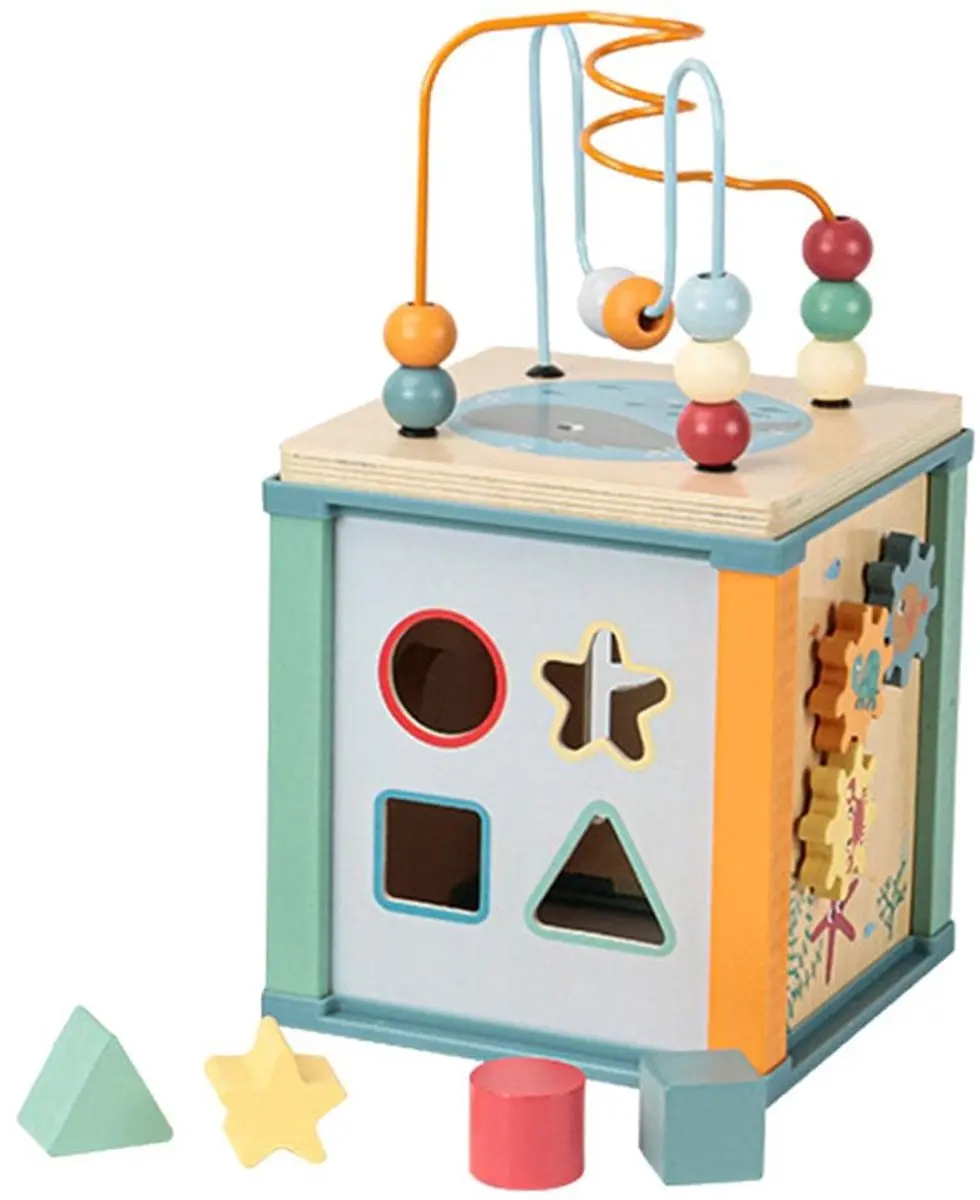 ECTEATOY Houten Activiteitenkubus - Montessori Speelgoed - Kralenframe & Tandwielen - Groente - afbeelding 6 van 6
