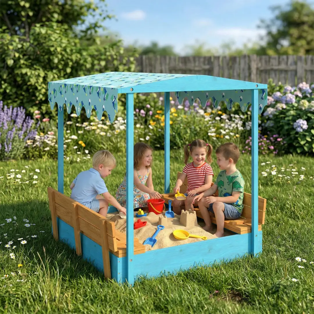 ECTEATOY Houten Zandbak met Deksel Blauw - 134,5x127,5x130cm