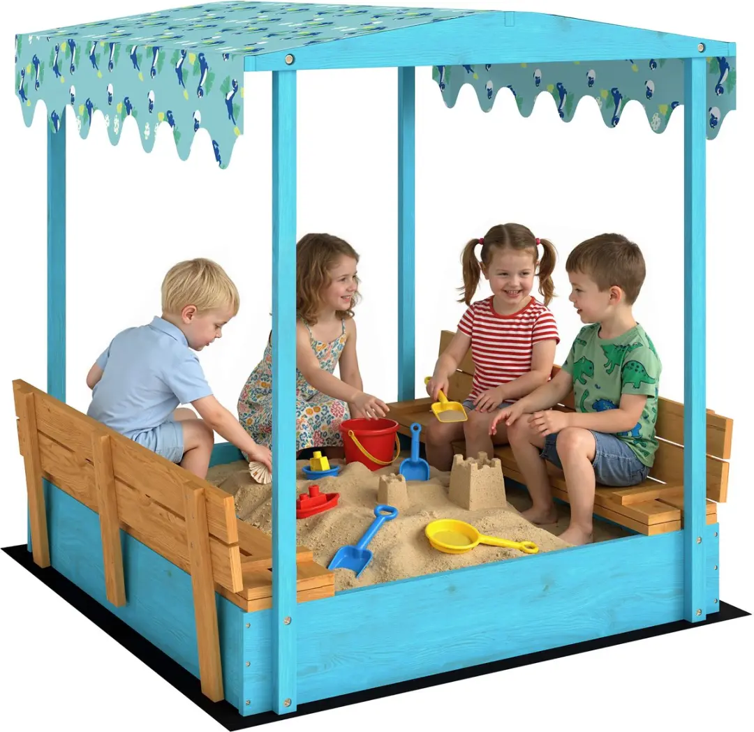 ECTEATOY Houten Zandbak met Deksel Blauw