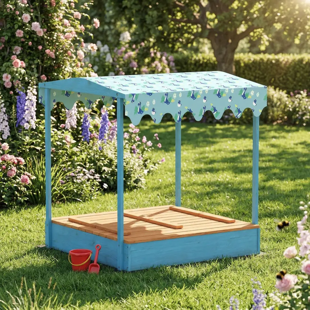 ECTEATOY Houten Zandbak met Deksel Blauw - 134,5x127,5x130cm