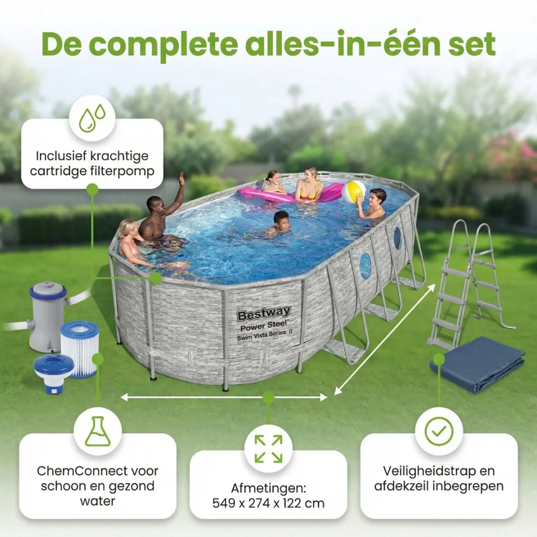 Bestway Ovaal Power Steel Swim Vista Zwembad 549x274cm - 13.430L - 7-delig