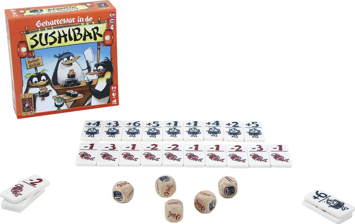 999 Games Geharrewar in de Sushibar Dobbelspel - 5 Dobbelstenen 24 Tegels