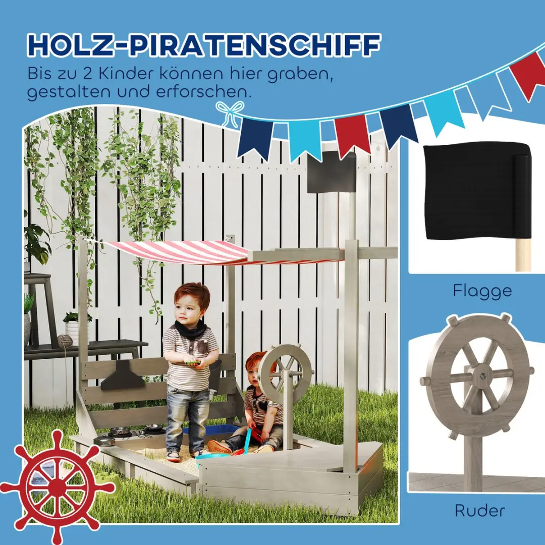 ECTEATOY Zandbak Piratenschip Speelkeuken - 180x103x144,5cm Grijs - afbeelding 6 van 6