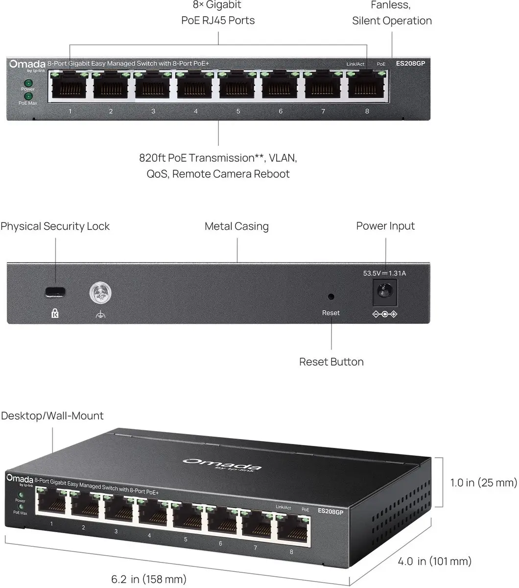 TP-Link Omada ES208GP Switch 8-PoE+ 8x PoE+ - 64W - Zwart