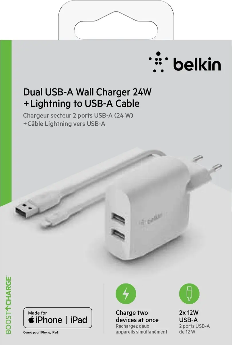 Belkin WCD001vf1MWH Dual USB Oplader 24W - Wit