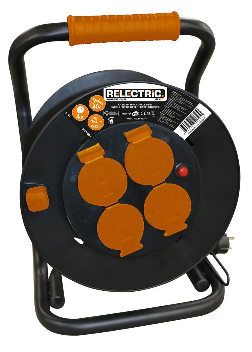 Relectric Pro Kabelhaspel 40m - 4 Stopcontacten - IP44 - Zwart