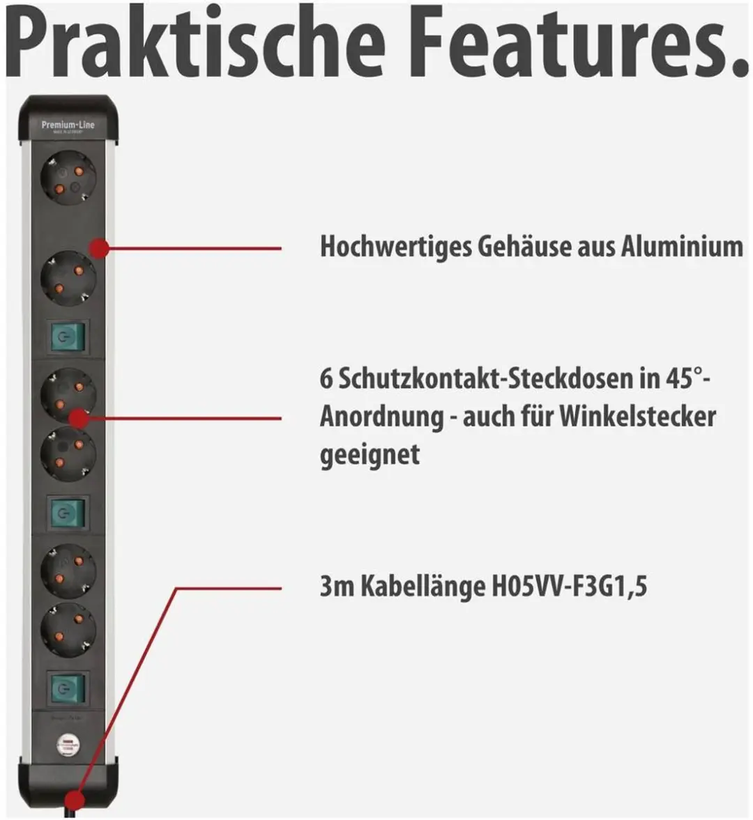 Brennenstuhl Premium-Alu-Line 6-voudig stekkerdoos 3m - Zilver/Zwart