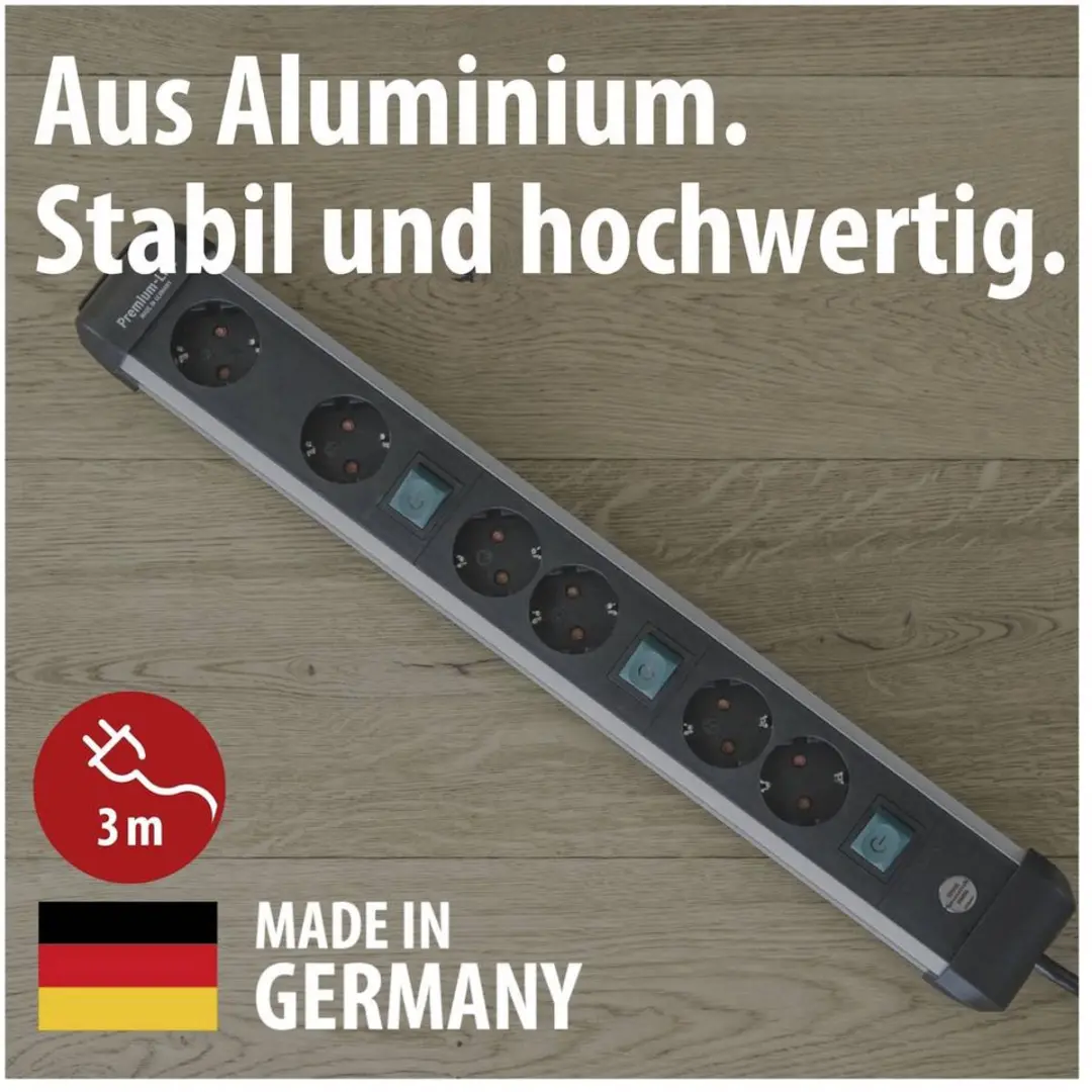 Brennenstuhl Premium-Alu-Line 6-voudig stekkerdoos 3m - Zilver/Zwart